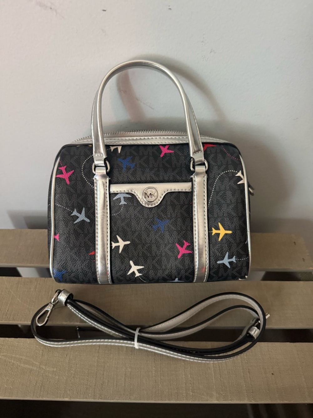 Michael Kors Black Plane-Print Small Duffle Crossbody with Silver Trim - Picture 3 of 6